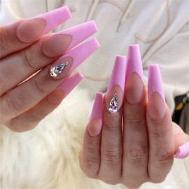 24pcs Nail Tips Long French Nude Pink Ballerina Flash Diamond Crystal Long Matacofin Fake Nail Press Fake Tips Manicure for Women and Girls