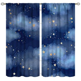 Night Sky Curtains for Bathroom,Dark Blue Watercolor Background Window Treatments Kids Boys Bedroom Curtain,Starry Space Theme Home Decor Blackout Drapes 2 Panel Set W55xL63in