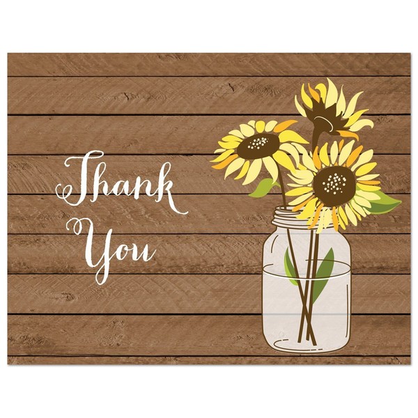 50 Sunflower Rustic Wood Wedding Thank You Cards