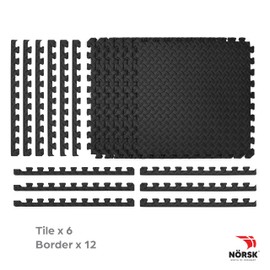 NÖRSK Duräflex Medium-Duty Reversible Interlocking Foam Floor Tiles, Diamond Plate Texture, Black/Blue, 24 X 24 X .47 in., 6-Pack (24 sq. ft.) (Black/Gray, 1.0" Thick)