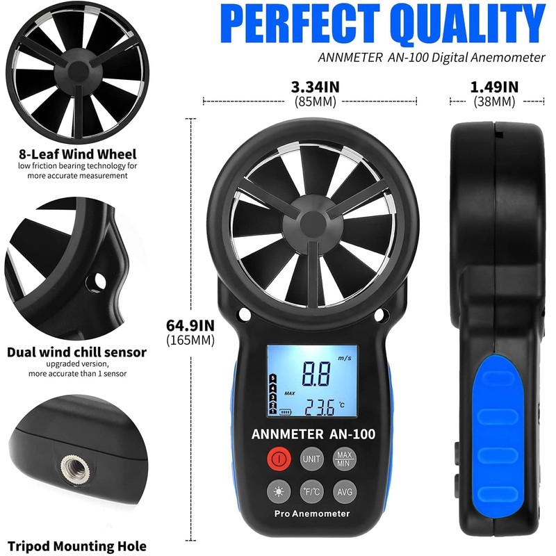 AIOMEST AI-100 Digital Anemometer, Wind Gauge, Hand Held, Wind Gauge,