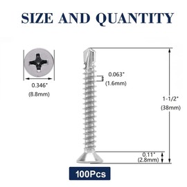 #10 x 1-1/2" Sheet Metal Screws 100Pcs 410 Stainless Steel Flat Head Tek Screws Fast Self Tapping Screws by SG TZH