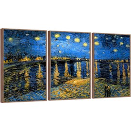 FULL HOUSE Framed Canvas Wall Art of Van Gogh Oil Paintings - Starry Night Over The Rhone - Impressionism Aesthetic Canvas Prints Artwork for Living Room Bedroom Office Home, 3 Panels