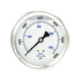Liquid Filled Center Back Mount Pressure Gauge with 4" Dial, 0-6000 PSI, 1/4" Male NPT Connection, Stainless Steel CASE and Bezel (1)