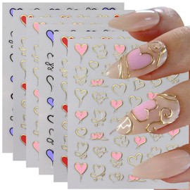 6 Sheets Heart Nail Art Stickers Bronzing Heart Nail Decals 3D Self Adhesive Valentine’s Day Nail Art Supplies Gold Red Pink Blue Heart Nail Decals Valentine’s Day Nail Decorations for Women