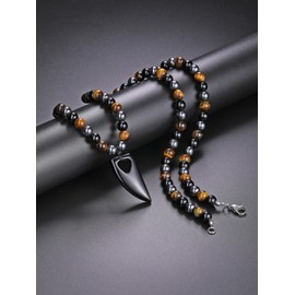 PiercingJak Men's Necklace Gemstones Wolf Tooth Crystal Sharpener Pendant with 8 mm Tiger's Eye Obsidian Hematite Beads Chain Crystal Necklace Healing Stones Jewellery Amulet Gift for Men, Gemstone