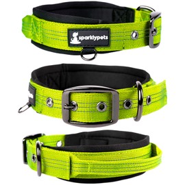 SparklyPets Heavy Duty Dog Collar with Handle for Medium and Large Dogs – Professional Collar with Reflective Stitches, Soft Handle & Nickel-Plated Buckle (Medium (14,5"~18,5"), Green)