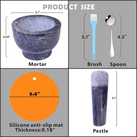 Aisiming Mortar and Pestle Set Polished Natural Marble Guacamole Molcajete Bowl, Spices Grinder with Silicone Pad, Stainless Steel Spoon and Brush, 300ml Capacity Crusher(Medium, Dark Gray)
