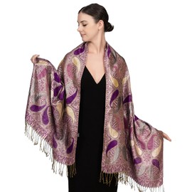 Achillea Women’s Paisley Pattern Sparkling Metallic Pashmina Shawl Wrap Scarf Stole (Purple)