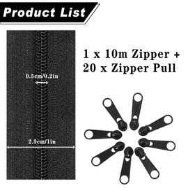 Endless Zip Black with Zip, 5 mm 10 m Nylon Continuous Zip, Sold by the Metre and 20 Black Metal Zippers for Clothes, Bag, Pencil Case, Bed Linen