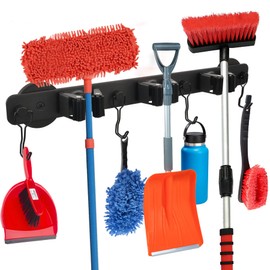 UNUSFIRE Magnetic Mop Broom Holder,Heavy Duty Wall Mount Storage Tool Racks,No Drilling Metal Home Tool Organizers Hanger for Garage,Closet,Garden,Kitchen,Laundry (4 Hooks 3 Grippers,Black)