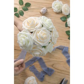 Floroom Artificial Flowers 25pcs Real Looking Champagne Foam Fake Roses with Stems for DIY Wedding Bouquets Bridal Shower Centerpieces Floral Arrangements Party Tables Home Decorations