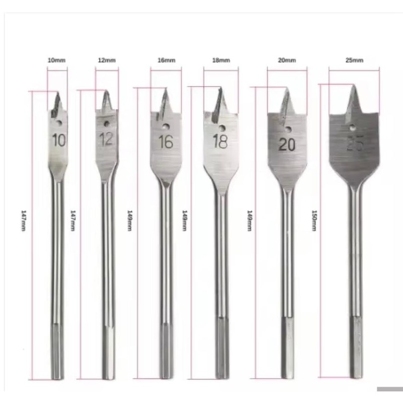 wood Drill Bit Set, 6 Pieces, 10,12,16,18,20,25mm Sizes, Hex Shank,