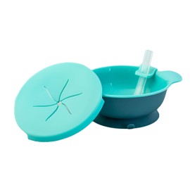 PAPU BABY Plato para Snack con popote desmontable y base de succión (Azul)