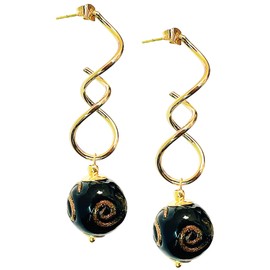 Murano Style Glass Earrings, 18k Gold Spiral Twist Statement Earrings, Murano Glass Inspired Jewelry, Murano Beads, Drop Dangle Earrings for Women Trendy (Black)