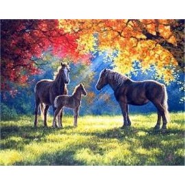 Diamond Painting Set, Picture with Horses in Autumn Motif and Accessories, Size Approx. 35 x 25 cm, Craft Set for Painting with Rhinestones for Children from 5 Years