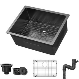 SYNTHACY 23in Undermount Kitchen Sink, Stainless Steel Nano Gunmetal Black Small Single Bowl Drop in Sink with Grid, Drain Assembly for Workstation, Prep Kitchen, Bar, 23 x 18 x 10in