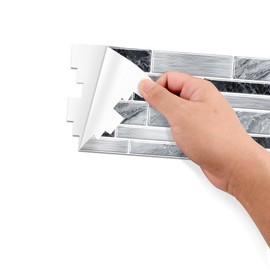Vinyl 2D Grey Black Marble Tiles backsplash Peel and Stick Set of 25 Pcs 9.68 * 4.72 inch,Waterproof Wallpaper Tile Stickers for Kitchen Bathroom Restaurant Apartment Wall Renovation or Decor