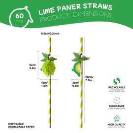 60 Paper Straws with 3D Lime Decoration - Disposable Paper Straws for Summer Party, Children's Birthday, Baby Shower, School Party & Garden Parties