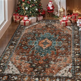 Ciicool Boho Machine Washable Area Rug, 4x6 Rugs for Living Room Non-Slip Bedroom Rug Vintage Rug Ultra-Thin Throw Distressed Large Low-Pile Carpet for Dining Room Office