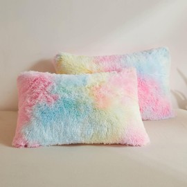 XeGe 2 Pack Fluffy Faux Fur Pillowcases, Soft Plush Shaggy Tie Dye Standard Size Pillow Cases Set of 2, Fuzzy Furry Decorative Long Pillow Covers for Bed Couch Sofa, Zipper Closure, 50x75cm, Rainbow