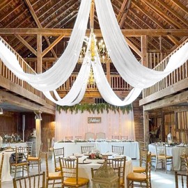 MODFUNS White Ceiling Drape for Wedding Arch Drapes 5x30ft 4 Panels Sheer Ceiling Curtains Chiffon Ceiling Draping Fabric Tulle Drapery Ceiling Rustic Swag Curtain Birthday Party Banquet Drapery Decor