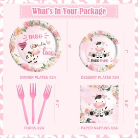 Hombae Moo Moo Im Two Birthday Supplies Tableware Set, Moo Moo Im Two Party Decorations, 2nd Birthday Decorations Girl, Pink Cow Second Theme Plates Napkins Forks Serves for 24 Guests