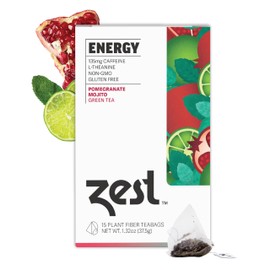 Zest Energy Green Tea – Pomegranate Mojito High Caffeine Tea Bags for Focus & Morning Energy – Natural Caffeinated Tea with 135mg Caffeine – Coffee Substitute – 15Ct Box, Non-GMO & Keto Friendly