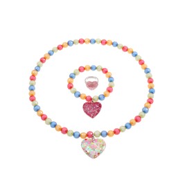 Rainbow Mermaid Hearts Stretch Necklace Little Girl Toddler Necklace Bracelet Set, Little Princess Unicorn Jewelry Set Kids Play Necklaces Bracelet Rings for Girls Accessories Favors (Heart Theme)