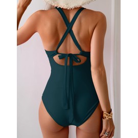 Eomenie One Piece Swimsuit for Women Tummy Control Mesh High Waisted Bathing Suit Wrap Tie Back Swimwear Peacock Green