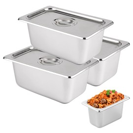 PORFOYO Breading Bowls Set of 3 with Stainless Steel Lid, GN Container with Lid, 17.6 x 10.8 x 10 cm, Gastro Container for Cutlets, Fish Chops and Chicken Chops, Ideal for Breading & Serving