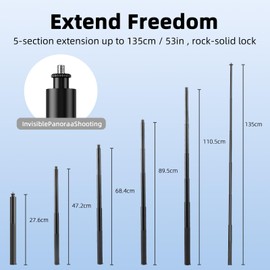 Selfie Stick for Insta360 X5, 53" Invisible 1/4" Extended Camera Stick, Long Pole for Insta360 X4 X3 X2,R,RS,Ace AcePro,GoPro,DJI Action Camera, Lightweight, Waterproof