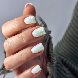 Chrome Glazed Donut Press on Nails Short Square Shaped - White Short Gel Nails Press ons Glossy Shiny Acrylic Nails Reusable Fake Nails for Women, Glue on Nails Short Square Thick False Nails 24Pcs