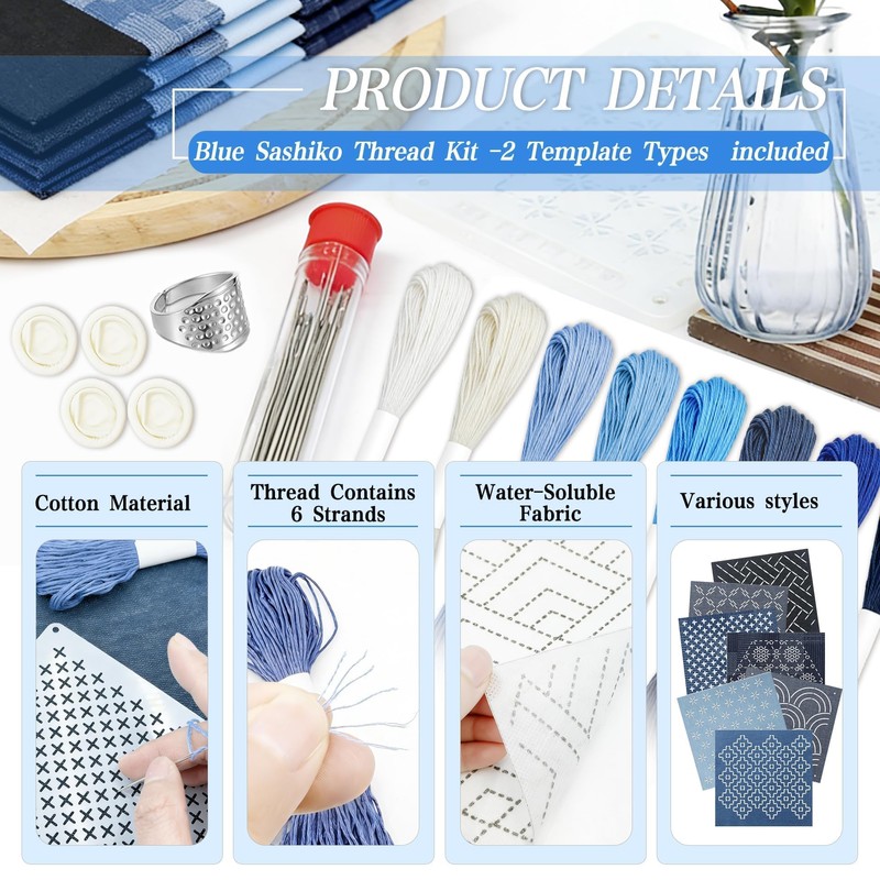 52PCS Sashiko Embroidery Kit with Threads, Needles, Thimble, Plastic Stencils,