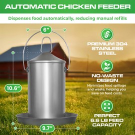 Plexon 6.6 Lb Stainless Steel Automatic Chicken Feeder no Waste Food-Grade - Auto Poultry Feeder for Chicken Metal - Heavy Duty Reliable Long-Lasting Chicken Feeder with Handle