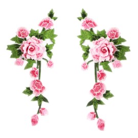 2 Pcs Peony Flowers Embroidery Patches Fabric Sew on Embroidered Appliques Costume Dress Clothing Stickers Accessories (Pink)