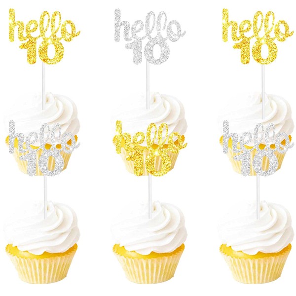 18PCS Hello 10th Cupcake Topper Picks for Happy Birthday Party Cheer to 10 Years Old Theme Party Decoration Supplies Celebrating Anniversary Gold silver Glitter