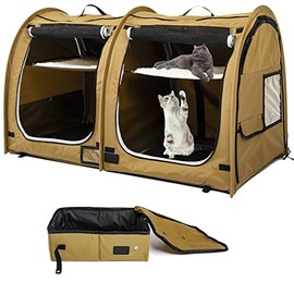 porayhut Mispace Portable Twin Compartment Show House Cat Cage/Condo - Easy to Fold & Carry Kennel - Comfy Puppy Home & Dog Travel Crate with Portable Carry Bag/Hammocks/Mats and Litter Box