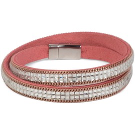 styleBREAKER wrap Bracelet with Extravagant Rhinestone and Plain Coil Chain, Magnetic Closure Bracelet, Sparkling Stones, Ladies 05040039, Color:Old Rose