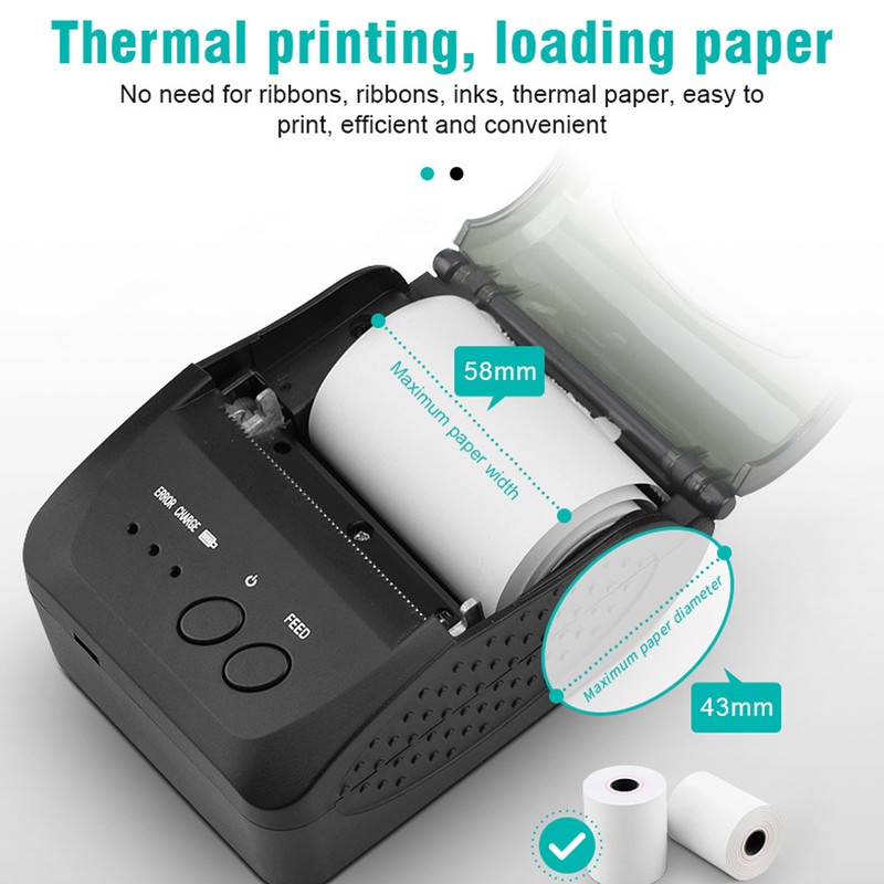 Portable Receipt Printer 58mm Bluetooth 4.0 Fast Printing Low Noise