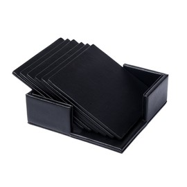 Leather Coasters Set of 6 with Holder,Cup Mat Pad for Home and Kitchen Use (Square Black)