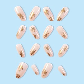 CEWEWP 24Pcs Christmas Press on Nails - Medium Almond Fake Nails with Golden Snowflakes Design, Glossy Glue on Nails, Full Cover False Nails for Women and Girls