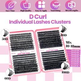 Qiveaory DIY Lash Extension Kit 684pcs Individual Lashes Clusters D Curl Eyelash Extension Kit with Lash Bond and Seal,Eyelash Remover Tweezers Brush(10-18mm,50D+60D+80D+100D) Lash Books DIY at Home