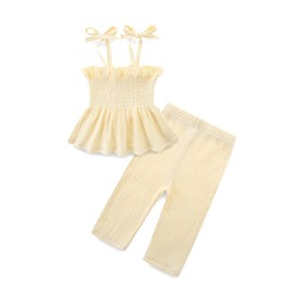 JingleBaBa Summer Toddler Girl's 2 Piece Outfit Solid Color Camisole And Linen Pants Set Infant Ruffle Halter Clothes 18-24 Months