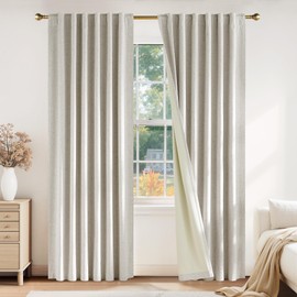 PONY DANCE Beige Linen Textured 100% Blackout Curtains for Bedroom 96 inches Long 2 Panels Set, Farmhouse Boho Hook Belt Pleated Back Tab Thermal Insulated Room Darkening Drapes for Living Room Window