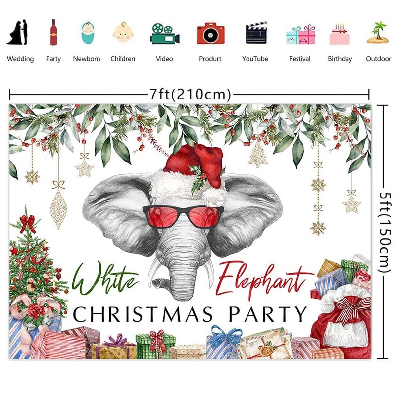 Lofaris 7x5ft White Elephant Christmas Party Decoration Backdrop Christmas Game