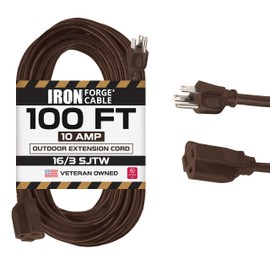 Iron Forge Cable Outdoor Brown Extension Cord 100 ft - 16 Gauge 10 Amp Heavy Duty Brown Outdoor Extension Cords 3 Prong - 16/3 SJTW Great for Outdoor