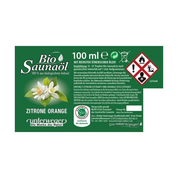 Unterweger Organic Sauna Oil Lemon Orange 100 ml with Pure