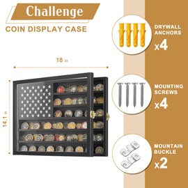 Challenge Coin Display Case Large, 14"x18" Military Medal Shadow Box HD Acrylic Glass 2 Groove Shelves, Retro Coin Holder with American Flag for Casino Poker Chips Exquisite Souvenirs