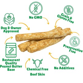 Lucky Premium Treats Peanut Butter Basted Rawhide Bull Sticks – All Natural Rawhide and Peanut Butter Dog Treats, Gluten Free Premium Large Dog Treats (6 Chews)